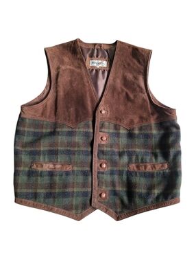 Vintage Modango Suede And Wool Men's Vest Brown and Green Plaid Large Grandpa